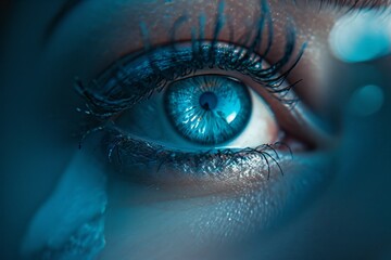 Macro Shot of a Human Eye with Blue Iris and Water Droplets on Lashes