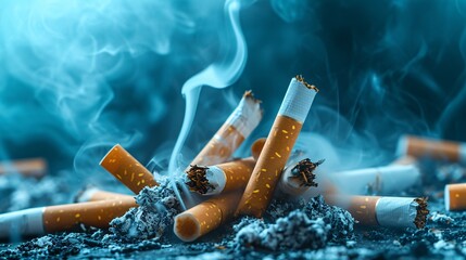A pile of cigarette butts on a dark blue background Generative AI - obrazy, fototapety, plakaty