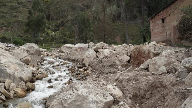Landslide, rockslide near Canon del Pato in the Andes, Peru.