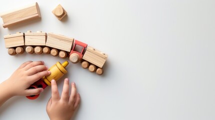 High angle shot of a kids hands playing with wooden toy train on white background with blank space for text with top view