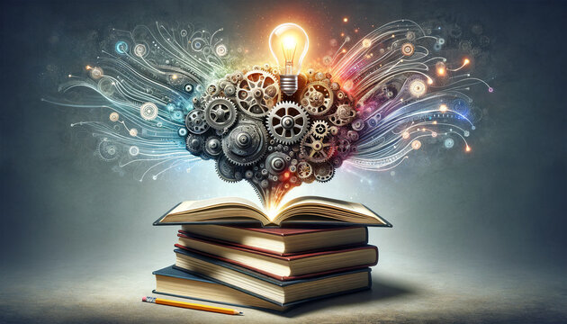 An open book emanates a tree of knowledge with gears and a glowing light bulb against a textured background, symbolizing ideas and creativity.Adult education concept. AI generated.