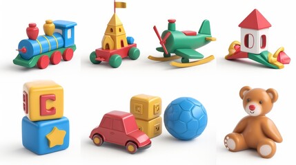Kids toys. Train, plane, castle, ball, cubes, bear. 3d vector icon set