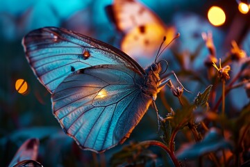 Ethereal twilight butterflies, their wings shimmering with the colors of dusk and dawn - Generative AI - obrazy, fototapety, plakaty