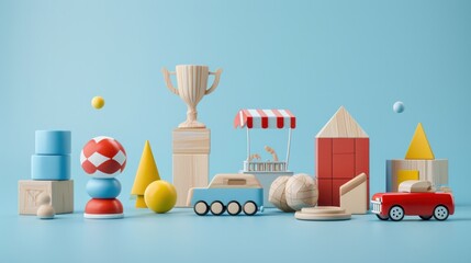 Set of 3d wooden toys isolated on blue background, including trophy, house blocks, gift box, toy cars, cube block and balls