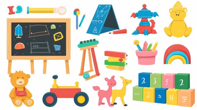 Set of kid plush and plastic toys, chalkboard, pencils, drawings, books, wooden building cubes and blocks for children's entertainment. Colored flat vector illustration isolated on white background