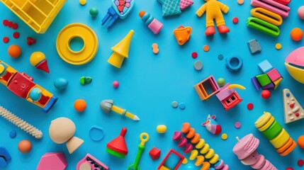 Set of kids toys on blue background. Top view, flat lay