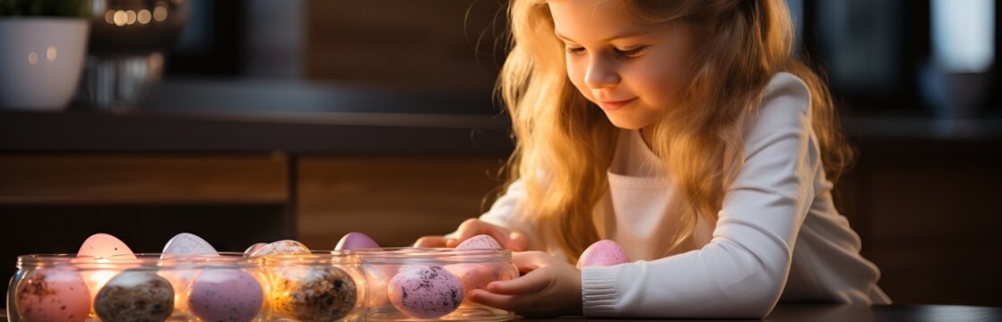 A little girl with golden hair smiles and paints Easter eggs. in a cozy home environment with warm lighting. Concept: atmosphere of Easter celebration and family traditions