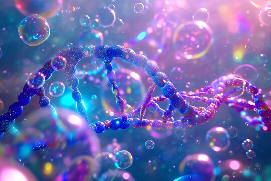 A DNA strand with colorful bubbles in the background Generative AI