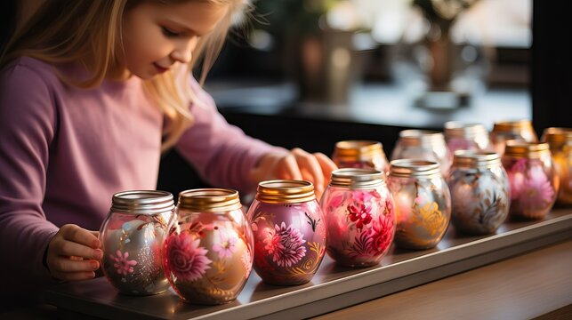 A little girl with golden hair smiles and paints Easter eggs. in a cozy home environment with warm lighting. Concept: atmosphere of Easter celebration and family traditions