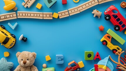 Toys background with copy space. Kids toys train, ABC letters, bear, car and pyramid on toy wooden railway on blue background with blank space for text. Top view, flat lay