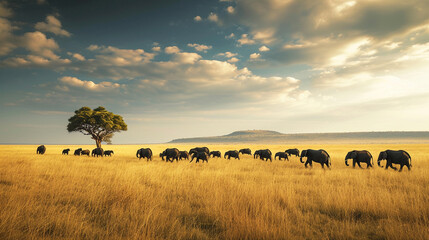 On the savannah of Africa, a majestic herd of elephants travels across the vast landscape, the golden hues of the grassland stretching to the horizon. The sheer scale of the scene - obrazy, fototapety, plakaty