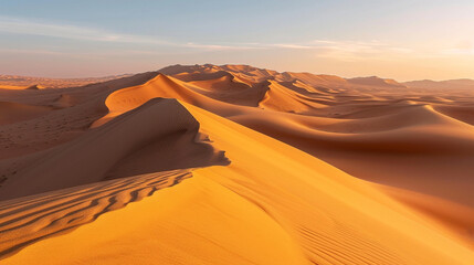 Fototapeta na wymiar A vast, windswept desert landscape stretches to the horizon, with towering sand dunes sculpted by the elements. The play of light and shadows on the undulating sands creates a mesm