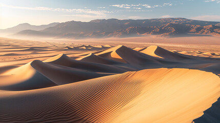 A vast, windswept desert landscape stretches to the horizon, with towering sand dunes sculpted by the elements. The play of light and shadows on the undulating sands creates a mesm