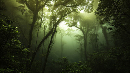 Obraz premium A dense, mist-covered forest reveals the silhouette of ancient trees and lush undergrowth. The mysterious atmosphere and interplay of shadows showcase the untouched beauty of this