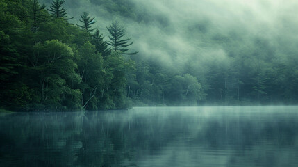 A dense fog blankets a serene lake surrounded by ancient trees, creating an atmosphere of mystery and tranquility. The ethereal quality of the scene accentuates the untouched and u