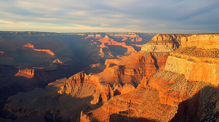 Fototapeta na wymiar A vast, untouched canyon landscape is bathed in the warm hues of a setting sun, casting long shadows over the rugged terrain. The solitude and natural beauty of the canyon exemplif