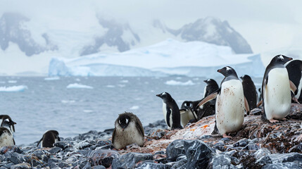 On a remote island, a colony of penguins gathers along a rocky shore, the icy blue waters of the Antarctic Ocean stretching into the distance. The untouched, frozen wilderness crea - obrazy, fototapety, plakaty