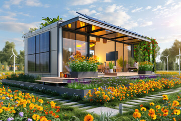 a modern mini house with solar panels, big flowers garden - obrazy, fototapety, plakaty
