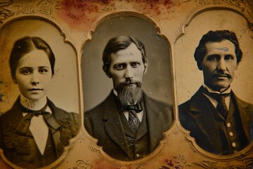Antique Triptych of Victorian Era Portraits
