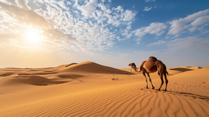 At the edge of an expansive desert, a lone camel treks through rolling sand dunes under the scorching sun. The vast and untouched expanse of the desert landscape accentuates the ha