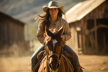 A Determined Cowgirl Riding Her Horse on a Sunny Ranch
