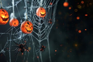 A spider web with pumpkins hanging from it Generative AI