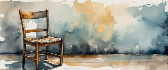 A wooden chair placed in an empty space. Traces of paint that spread and flowed in the background. Illustration in watercolor style.