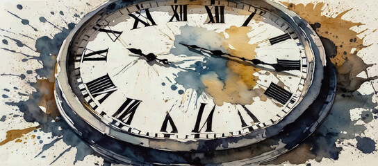 A round clock with broken hands. Illustration in watercolor style. Traces of paint spreading and splattering.