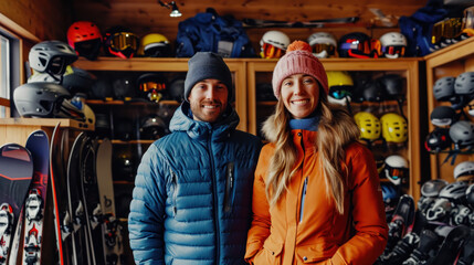 Fototapeta na wymiar Portrait of smiling woman and man in ski equipment who is standing with ski, helmets and boots in sport shop