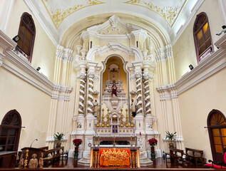 Fototapeta na wymiar The interior main holy altar in the Church of St. Joseph's Seminary, an old church buiilt by Portuguese in the early settlement of Macau and becomes one of the main Macau heritage building to be prot