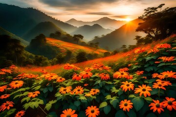 sunset over the flowers beauty mountains 