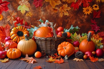Naklejka na ściany i meble Autumnal Display with Pumpkins and Fall Leaves 