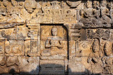 Stone bas relief from the Prambanan Temple near Yogyakarta, Central Java, Indonesia.
