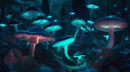 Fototapeta na wymiar A group of glowing mushrooms in a forest