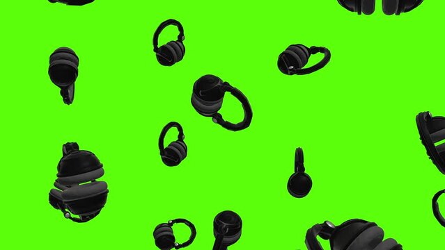 Headphones, headset or earphones background. Falling headphones over green screen or chroma key. Rain of headphones across the screen.