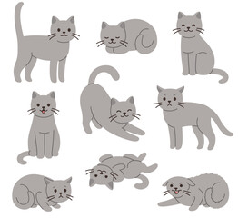 Cartoon cat set with different poses and emotions. Cat behavior, body language and face expressions. Gray kitty in simple cute flat style, isolated vector illustration.