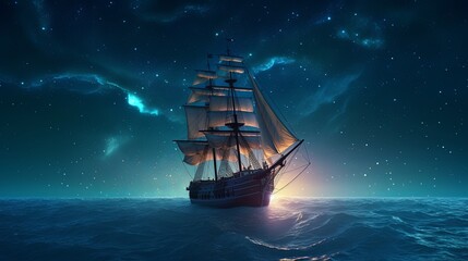 A sailboat floating in the ocean at night sahg