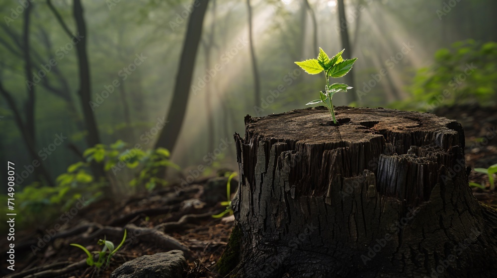 Poster a small tree growing out of a tree stump in a forest generative ai