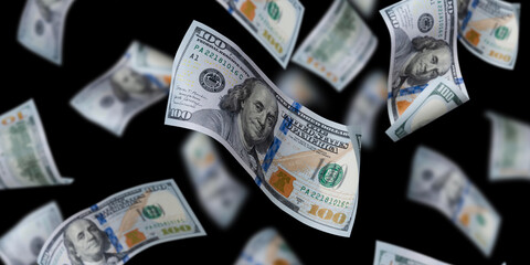Flying dollars banknotes isolated on dark background. Money is flying in the air. 100 US banknotes...