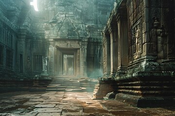 Sunlit Ancient Angkor Wat Temple Ruins in Jungle
