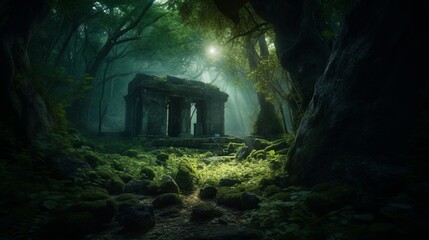 A dark forest with a stone structure in the middle of it