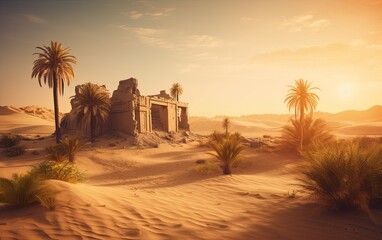 A desert scene with a building and palm trees