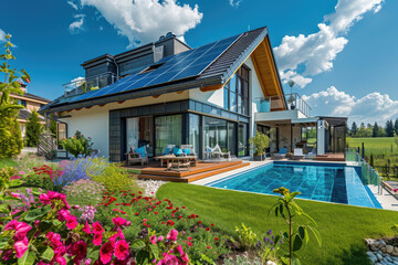 a modern villa with solar panels, big flowers garden - obrazy, fototapety, plakaty