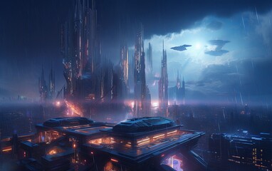 A futuristic city at night in the rain
