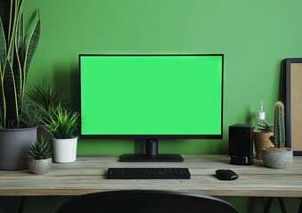 Monitor with green screen on the desk in the workspace