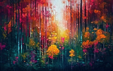 A painting of a forest filled with lots of flowers