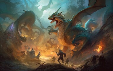 A painting of a group of people and a dragon
