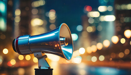 Close-up of a megaphone against the background of night lights - obrazy, fototapety, plakaty