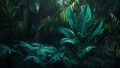 A painting of a jungle with lots of green plants