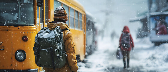 A traveler is standing at the bus stop during the snowy season
